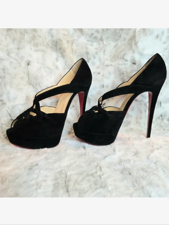Christian Louboutin Black Suede Strappy Peep-Toe Platform Heels EU 38.5 / US 8 - Picture 2 of 11